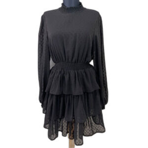 Women's M Black Lace Swiss dot Mini Dress Smocked waist Witchy Fairy Grunge